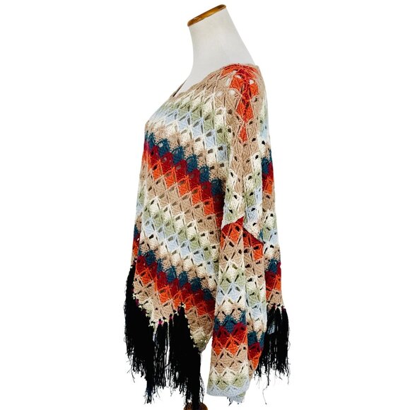 Free People Crochet Fringe Scalloped Hem Knit Poncho Top | Coastal Cowgirl Boho - Picture 12 of 16